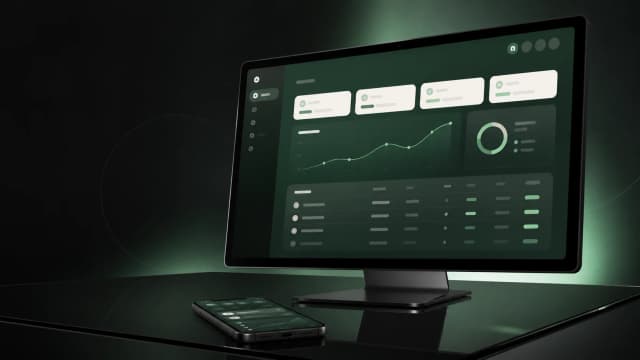 Monitor e celular sobre uma mesa escura exibindo o painel da DominiPay em tons de verde, com gráfico de linha e cartões de resumo