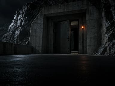 Entrada de um bunker de concreto escavado na rocha, porta blindada entreaberta
