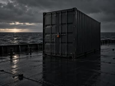Contêiner lacrado no convés de um navio cargueiro em mar aberto
