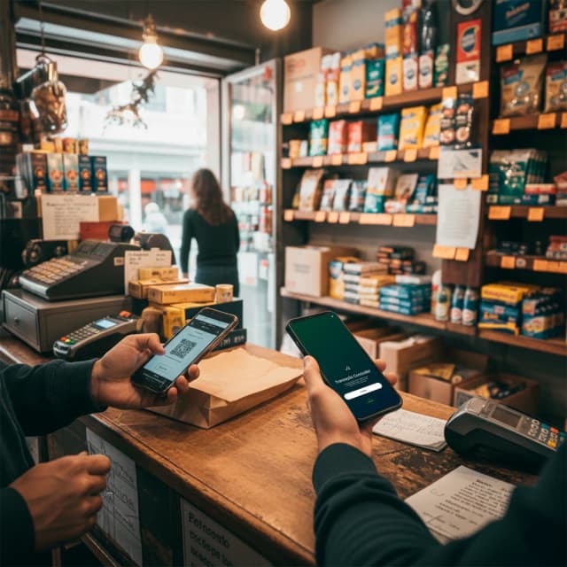 Balcão de uma mercearia de bairro: o cliente aproxima o celular com o QR de cobrança enquanto o lojista confere a transação no aparelho dele