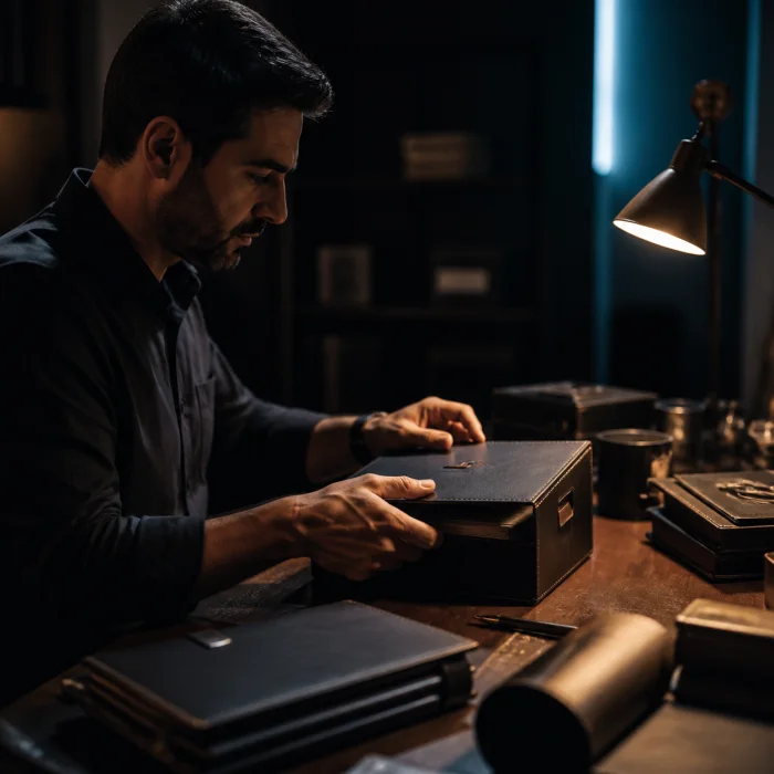 Pessoa organizando com cuidado materiais em uma caixa de documentos sobre uma mesa escura, sob luz de luminária