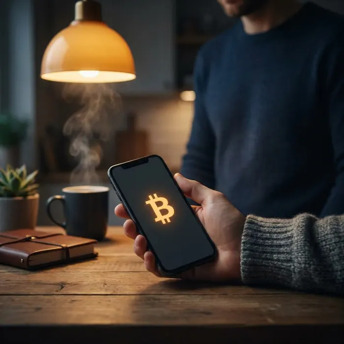 Pessoa segurando um celular com o símbolo do Bitcoin aceso na tela, sobre uma mesa de madeira